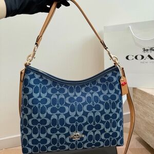 Coach Blue Signature Jacquard Shoulder Bag with Tan Strap